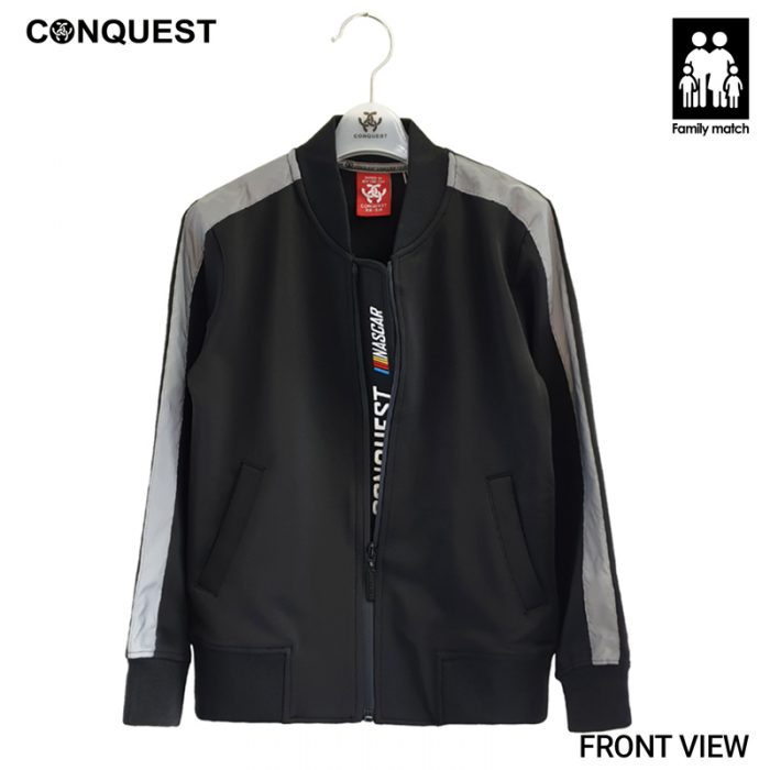 Kids Long Sleeve T Shirt CONQUEST Kids Nylon Nascar Racing Jacket in Black Front View