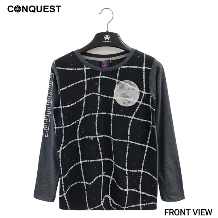 Ladies T-Shirt Long Sleeve CONQUEST WOMEN CHECK MOON TEE In Dark Melange Front View