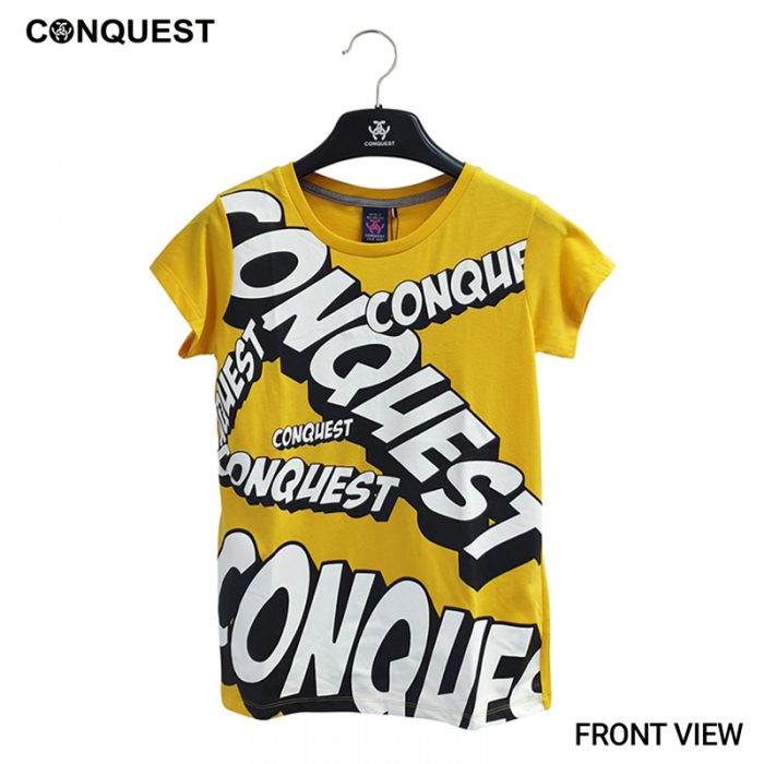 Short Sleeve Shirts For Women CONQUEST WOMEN FULL PRINTED GRAPHIC TEE Yellow Colour Front View