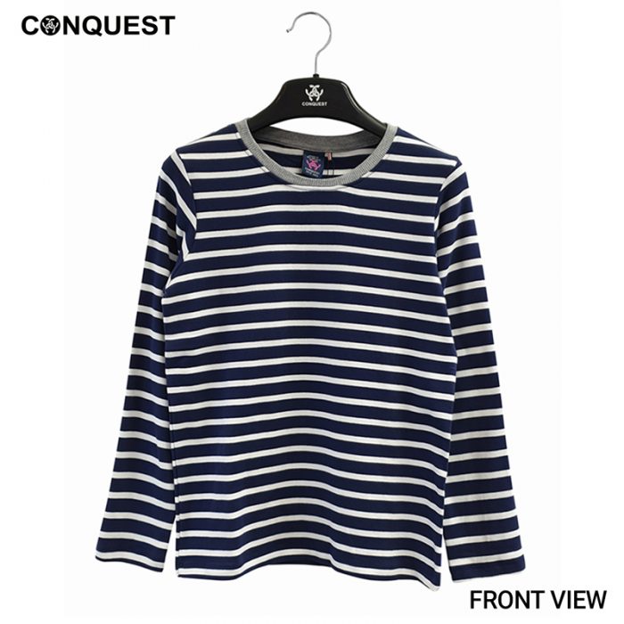 Ladies T-Shirt Long Sleeve CONQUEST WOMEN STRIPE LONG SLEEVE TEE In Navy Stripe Front View