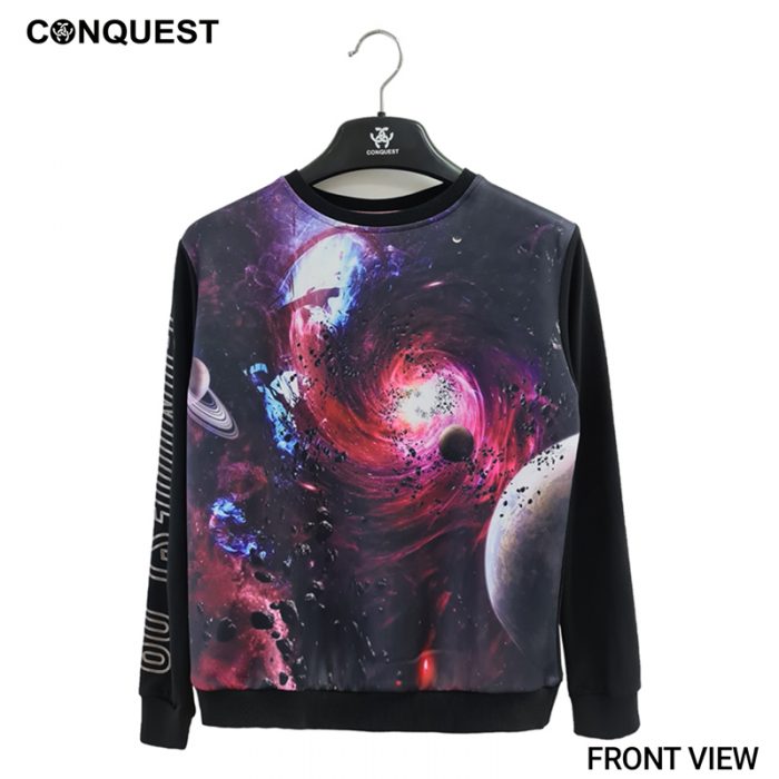 Ladies T-Shirt Long Sleeve CONQUEST WOMEN GALAXY SWEATER In Black Front View