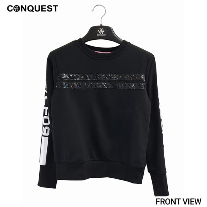 Ladies T-Shirt Long Sleeve CONQUEST WOMEN CF09 SWEATER In Black Front View