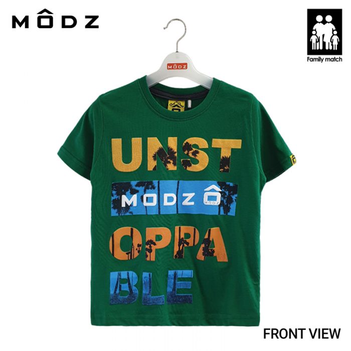 Online Kids Outfits And Clothes Malaysia MODZ Kids FC Single Jersey Tropical Graphic Round Neck Tee Green Colour Front View