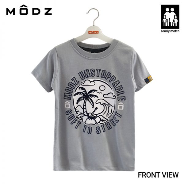 Online Kids Outfits And Clothes Malaysia MODZ Kids Cotton Tropical Round Neck Tee Light Grey Colour Front View