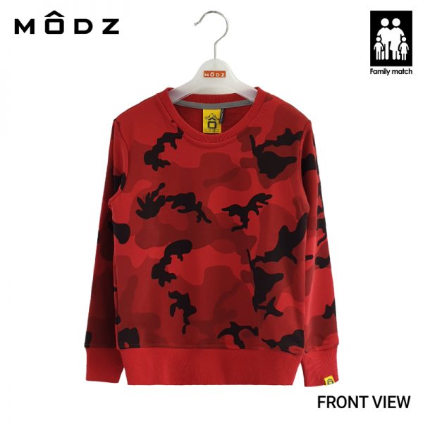 Kids Long Sleeve T Shirt MODZ Kid French Terry Camouflage Sweater in Camo Red Front View