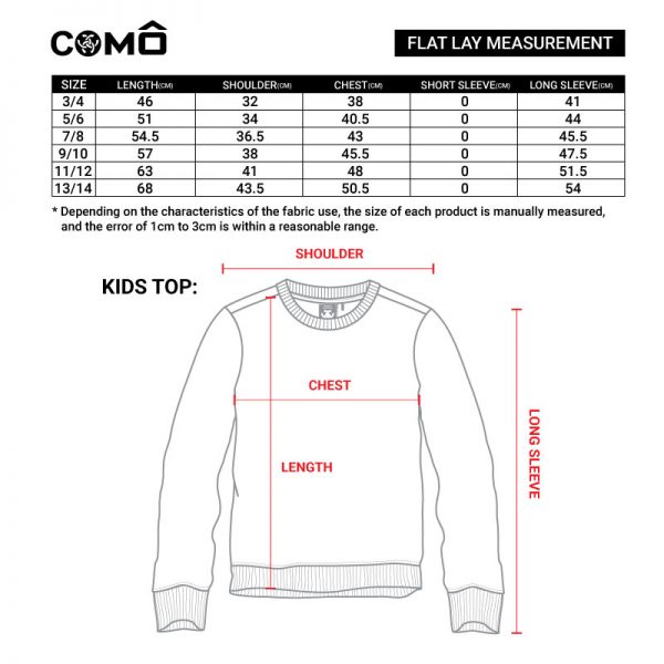KIDS LONG SLEEVE SWEATER CONQUEST X GUNDAM KIDS MOBILE SUIT GUNDAM HEAD EMBROIDERED SWEATER FLAT LAY MEASUREMENT