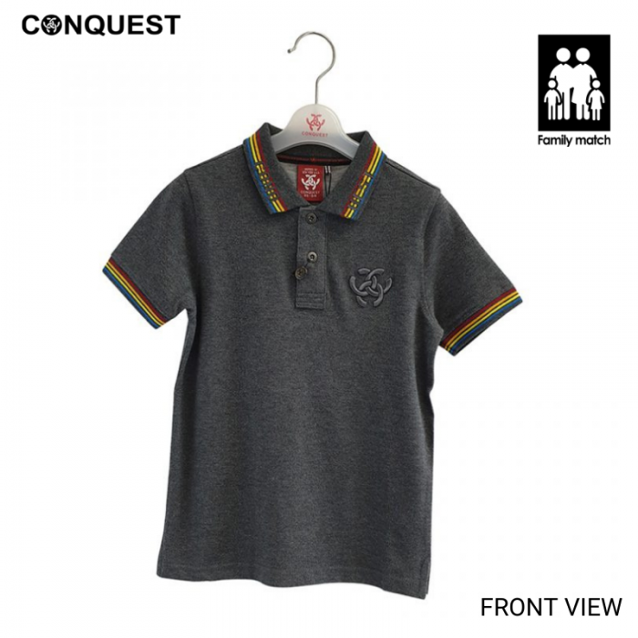 Kids Polo Shirts Malaysia CONQUEST KIDS RAINBOW DASH POLO TEE Dark Melange Colour Front View