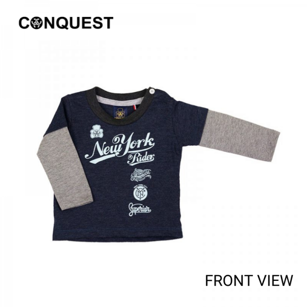 BABY T SHIRT WITH LONG SLEEVE IN GREY AND BLUE MELANGE CONQUEST TODDLER NEW YORK RIDER TEE