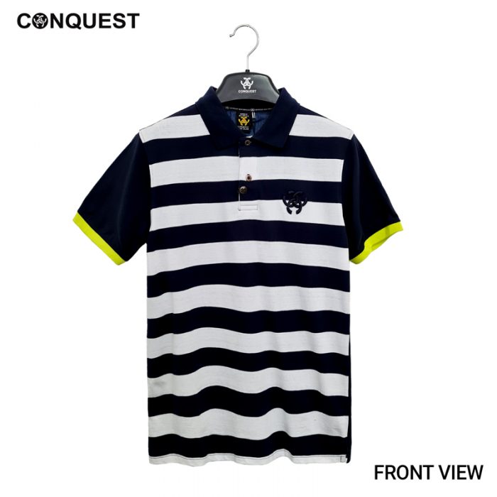 CONQUEST MEN STRIPE POLO Shirts for men in Navy and White Stripe Front View
