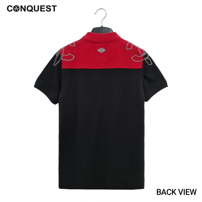 Polo Shirt For Men Malaysia CONQUEST MEN 2 TONE COLOUR POLO TEE In Black And Red Back View