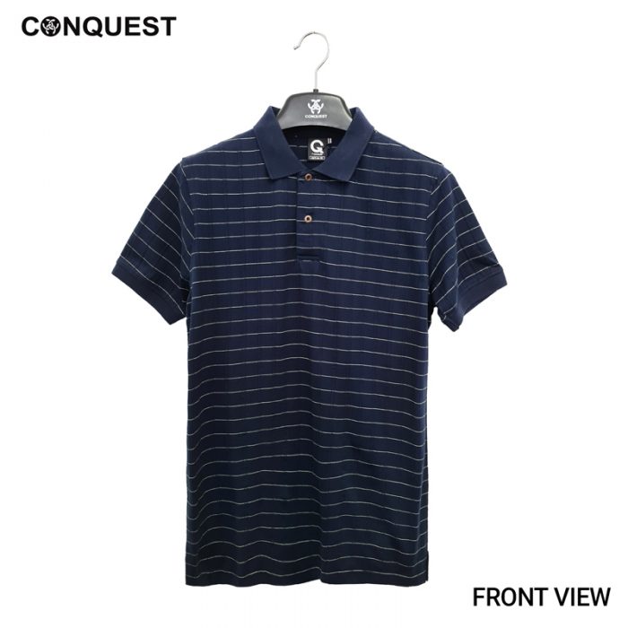 Polo Shirt For Men Malaysia CONQUEST MEN POLO TEE In Navy And White Stripe Front View