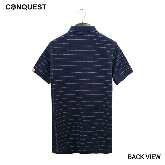 Polo Shirt For Men Malaysia CONQUEST MEN POLO TEE In Navy And White Stripe Back View
