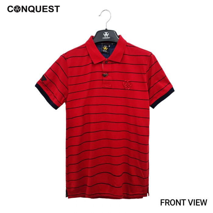 Polo Shirt For Men Malaysia CONQUEST MEN STRIPE POLO TEE In Red Stripe Front View