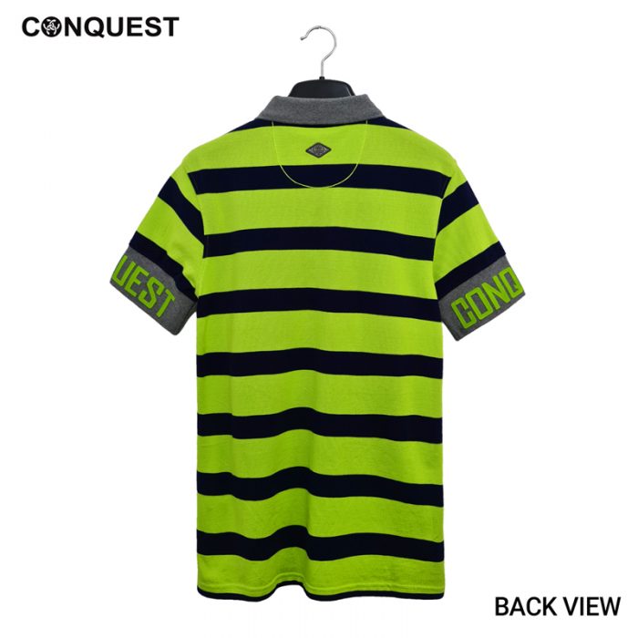 Polo Shirt For Men Malaysia CONQUEST MEN STRIPE POLO TEE In Green And Navy Stripe Front View