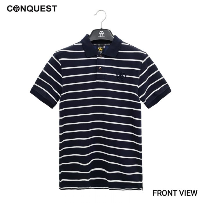 Polo Shirt For Men Malaysia CONQUEST MEN STRIPE POLO TEE In Navy And White Stripe Front View
