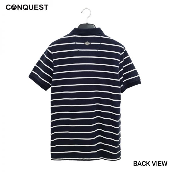 Polo Shirt For Men Malaysia CONQUEST MEN STRIPE POLO TEE In Navy And White Stripe Back View