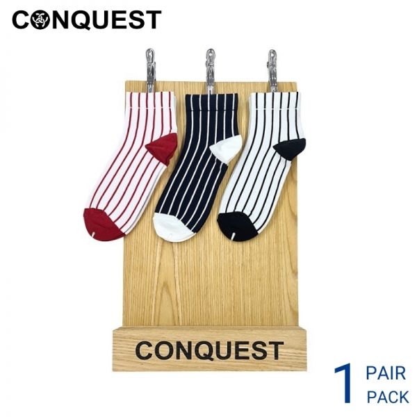 Men Sport Socks CONQUEST CASUAL SOCKS (1 pair pack) RED, BLACK AND WHITE LINE NON TERRY COTTON SPANDEX RIGHT VIEW
