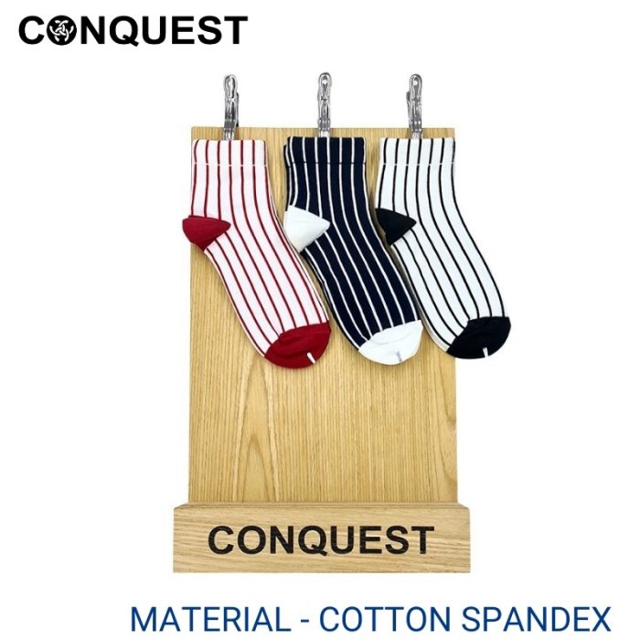 Men Sport Socks CONQUEST CASUAL SOCKS (1 pair pack) RED, BLACK AND WHITE LINE NON TERRY COTTON SPANDEX LEFT VIEW