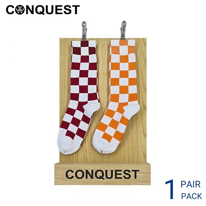 Men Sport Socks CONQUEST CASUAL SOCKS (1 pair pack) RED AND ORANGE CHECKERED FULL LENGTH COTTON SPANDEX RIGHT VIEW