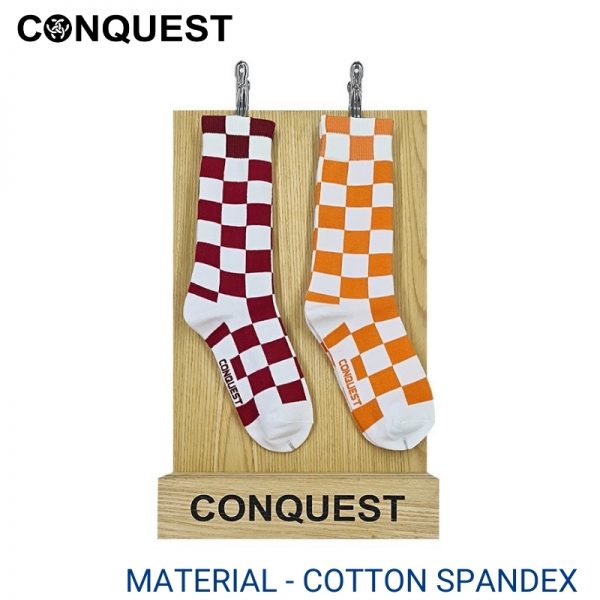 Men Sport Socks CONQUEST CASUAL SOCKS (1 pair pack) RED AND ORANGE CHECKERED FULL LENGTH COTTON SPANDEX LEFT VIEW