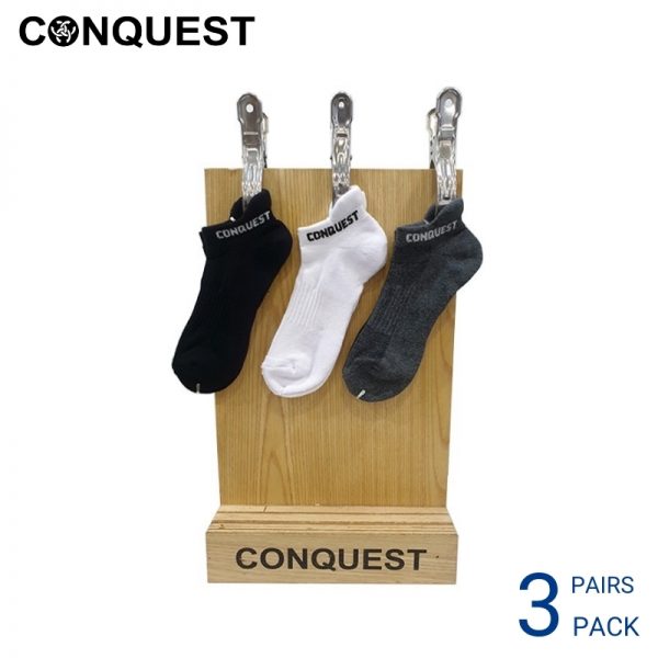 Men Sport Socks CONQUEST SPORT SOCKS (3 pair pack) BLACK, WHITE AND GREY NO SHOW COTTON SPANDEX RIGHT VIEW