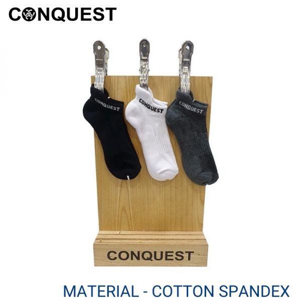 Men Sport Socks CONQUEST SPORT SOCKS (3 pair pack) BLACK, WHITE AND GREY NO SHOW COTTON SPANDEX LEFT VIEW