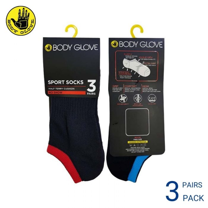 BODY GLOVE MEN AND WOMEN'S SPORT SOCKS (3 pairs pack) RED AND BLUE NO SHOW COTTON SPANDEX