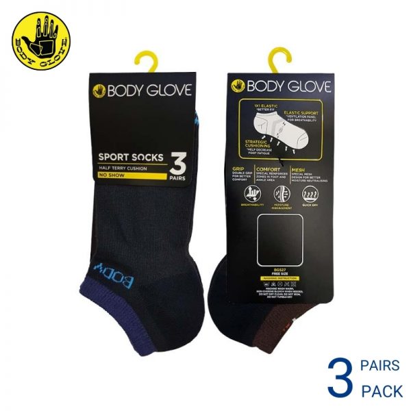 Men Sport Socks BODY GLOVE SPORT SOCKS (3 pairs pack) BLUE AND BROWN NO SHOW COTTON SPANDEX