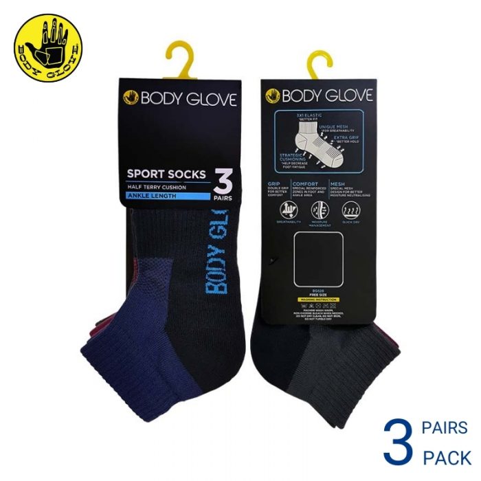 BODY GLOVE MEN AND WOMEN'S SPORT SOCKS (3 pairs pack) ASSORTED COLOUR ANKLE LENGTH COTTON SPANDEX
