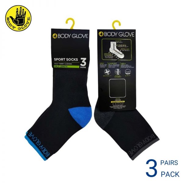 Men Sport Socks BODY GLOVE SPORT SOCKS (3 pairs pack) BLUE AND GREY HALF LENGTH COTTON SPANDEX