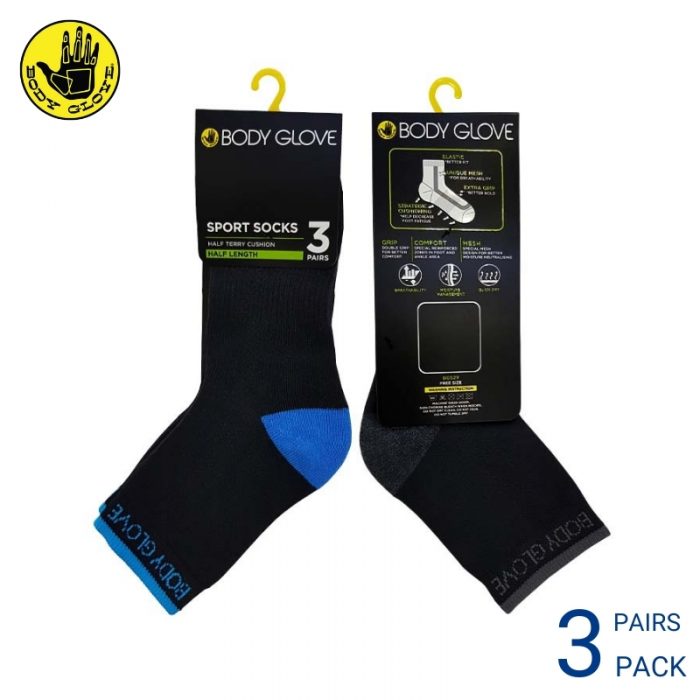 BODY GLOVE MEN AND WOMEN'S SPORT SOCKS (3 pairs pack) BLUE AND GREY HALF LENGTH COTTON SPANDEX