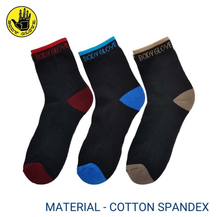 Men Sport Socks BODY GLOVE SPORT SOCKS (3 pairs pack) RED, BLUE AND BROWN HALF LENGTH COTTON SPANDEX