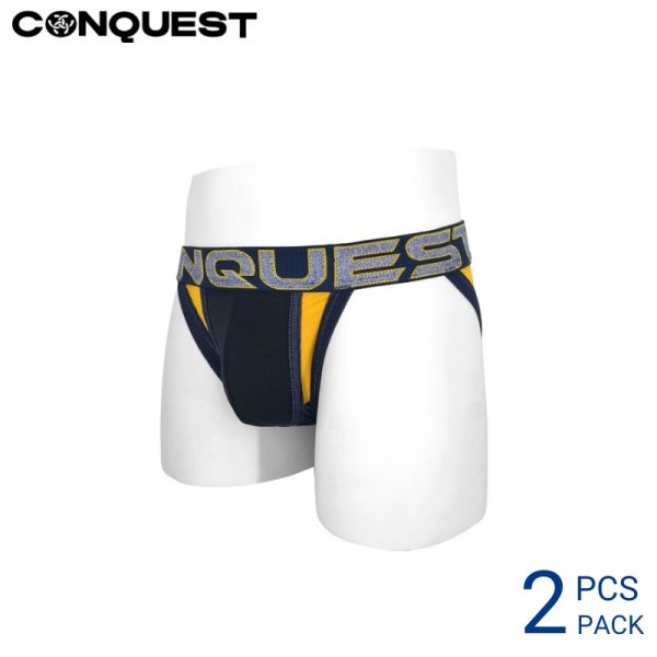 CONQUEST MEN COTTON SPANDEX TANGA UNDERWEAR (2 PCS PACK) IN DARK BLUE AND YELLOW COLOUR