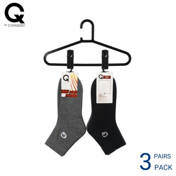 Men Sport Socks CQ BY CONQUEST SPORT SOCKS (3 pairs pack) GREY AND BLACK HALF LENGTH COTTON SPANDEX