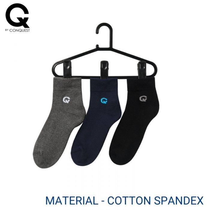 CQ BY CONQUEST MEN AND WOMEN'S SPORT SOCKS (3 pairs pack) GREY, BLUE AND BLACK HALF LENGTH COTTON SPANDEX