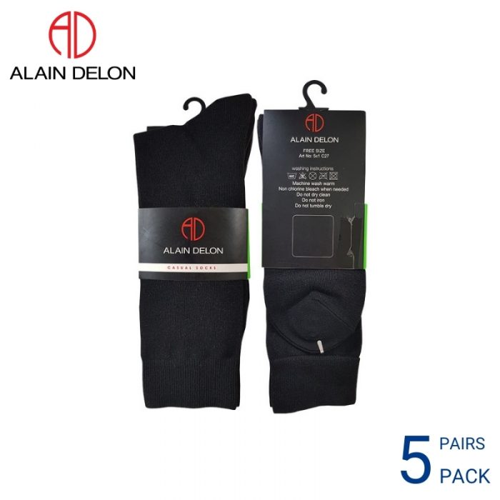 Men Sport Socks ALAIN DELON CASUAL SOCKS (5 pairs pack) BLACK FULL LENGTH COTTON SPANDEX