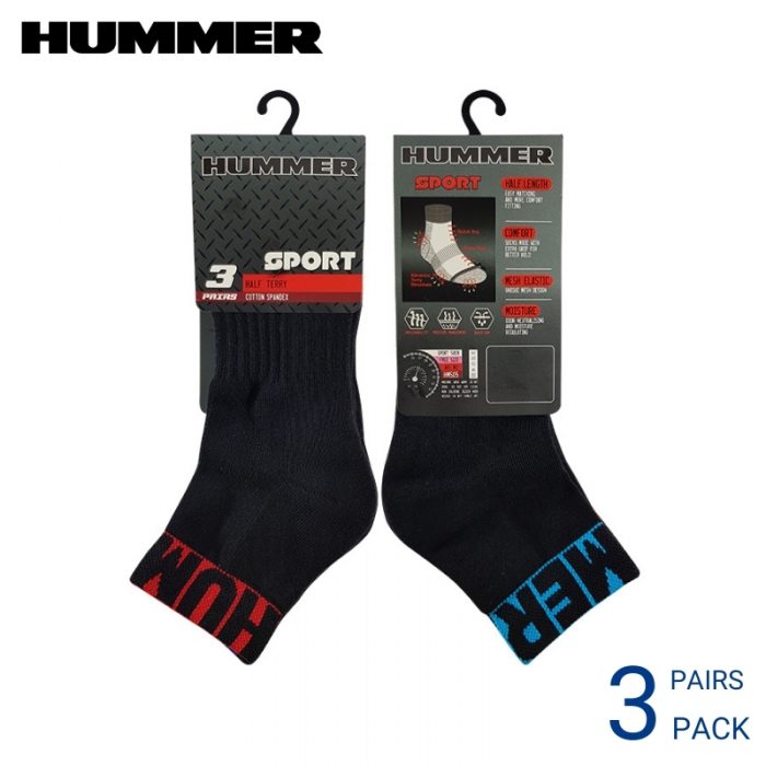 Men Sport Socks HUMMER SPORT SOCKS (3 pairs pack) RED BLUE HALF LENGTH HALF TERRY COTTON SPANDEX