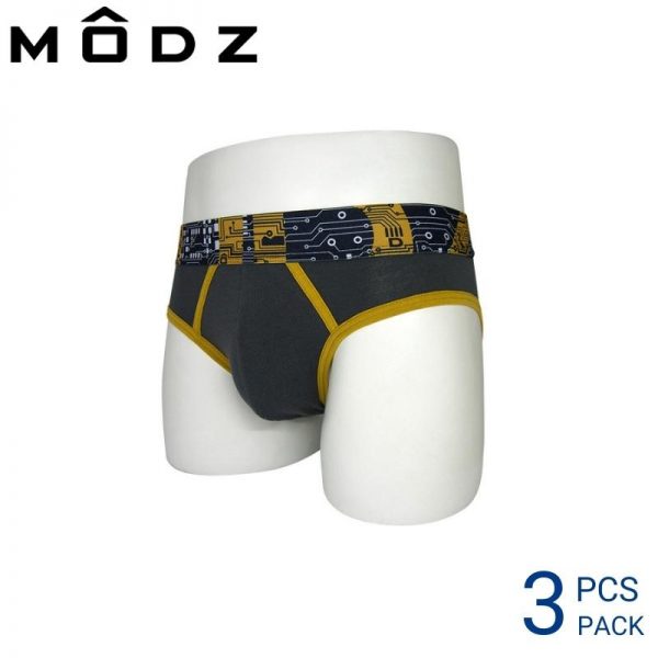 Mens Underwear Malaysia MODZ MEN COTTON SPANDEX MINI BRIEF (3 pcs pack) 40mm Elastic Waistband Army Green And Yellow Colour Side View