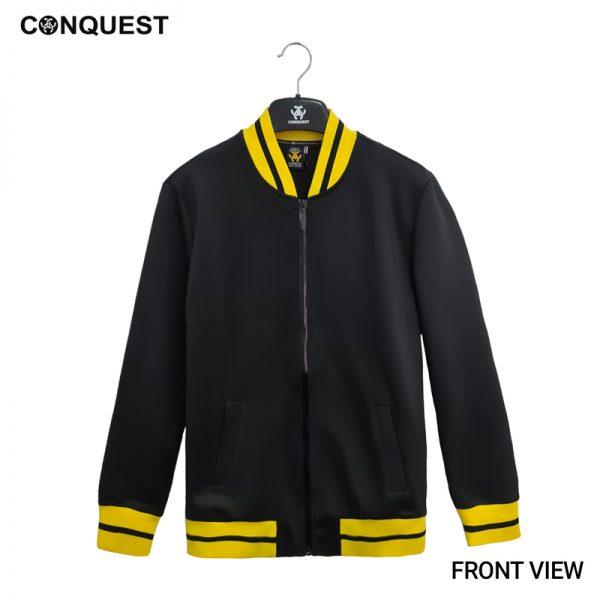Men Long Sleeve T Shirt Malaysia CONQUEST MEN BOMBER JACKET In Black And Yellow Front View