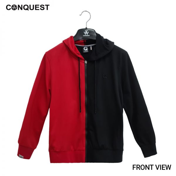 Men Long Sleeve T Shirt Malaysia CONQUEST MEN TWO TONE HOODIE JACKET In Red And Black Front View