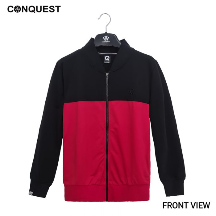 CONQUEST MEN LONG SLEEVE TWO TONE BOMBER JACKET IN RED AND BLACK