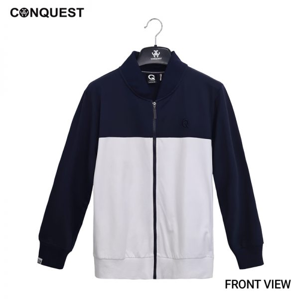 Men Long Sleeve T Shirt Malaysia CONQUEST MEN TWO TONE BOMBER JACKET In Navy And White Front View
