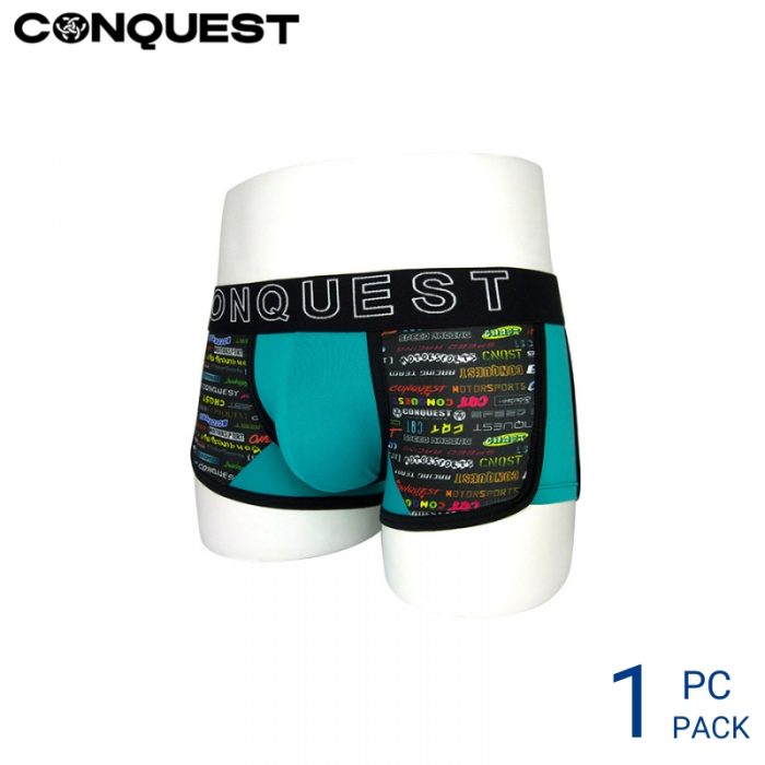 Mens Underwear Malaysia CONQUEST MEN MICROFIBRE SPANDEX SHORTY (1 pc pack) Elastic Waistband Black And Torquise Colour Side View