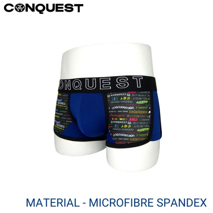 Mens Underwear Malaysia CONQUEST MEN MICROFIBRE SPANDEX SHORTY (1 pc pack) Elastic Waistband Black And Blue Colour Side View
