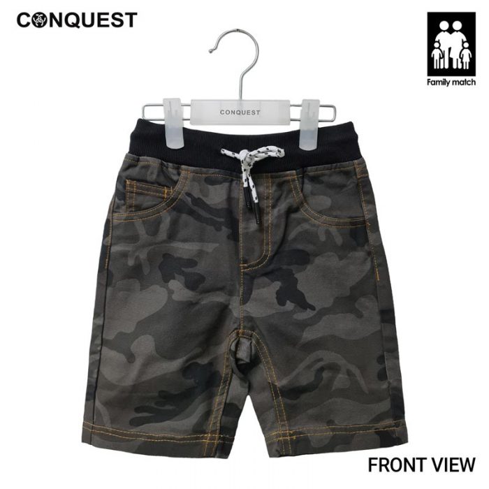 Kids Pants CONQUEST KIDS CAMOUFLAGE PRINT SHORT PANT Army Green Colour With Elastic Waistband Front View