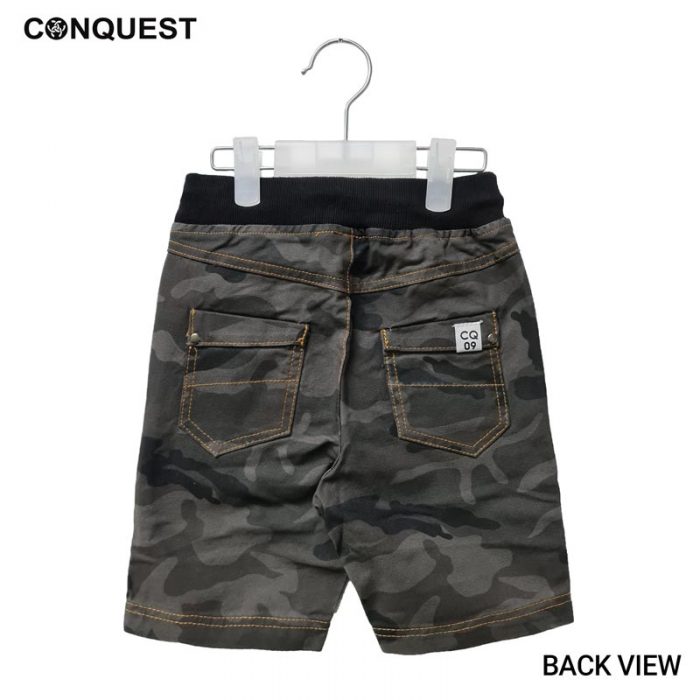 Kids Pants CONQUEST KIDS CAMOUFLAGE PRINT SHORT PANT Army Green Colour With Elastic Waistband Back View