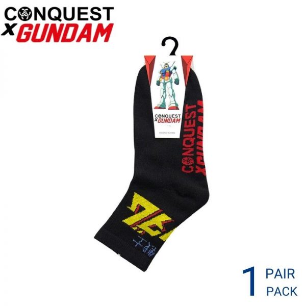 Men Sport Socks CONQUEST X GUNDAM SPORT SOCKS (1 pair pack) BLACK RED ANKLE LENGTH HALF TERRY COTTON SPANDEX