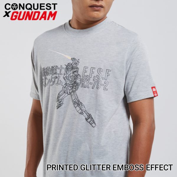 Conquest T Shirt GREY CONQUEST X GUNDAM MEN E.F.S.F RX-78-2 GUNDAM OUTLINE TEE PRINTED GLITTER EMBOSS EFFECT