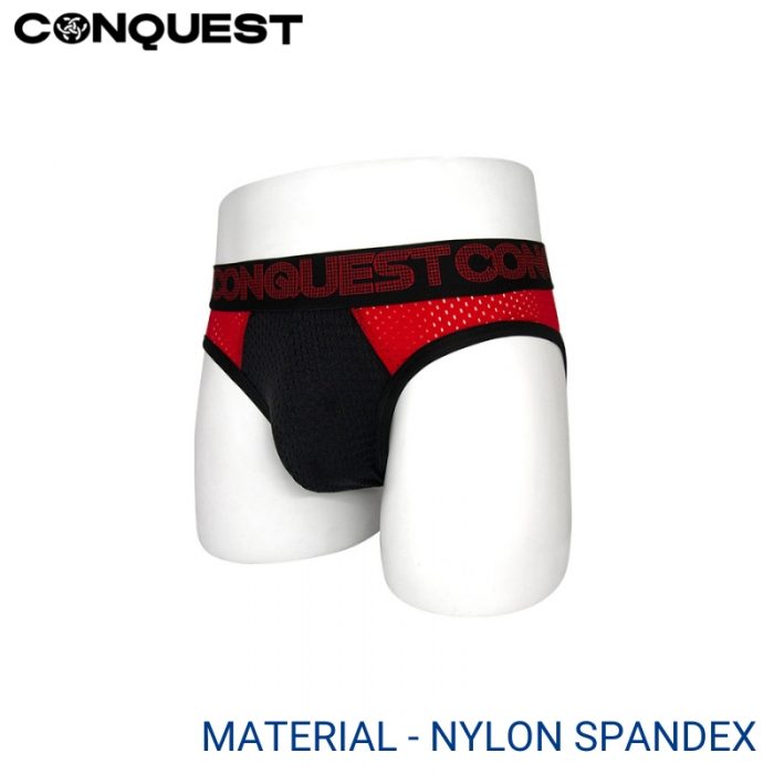 Mens Underwear Malaysia CONQUEST MEN NYLON SPANDEX MINI BRIEF EXTRA SIZE (2 pcs pack) Superfine Nylon Elastic Waistband Red And Black Colour Side View