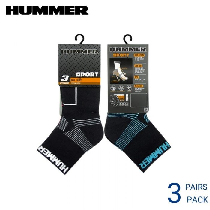 HUMMER MEN AND WOMEN'S SPORT SOCKS (3 pairs pack) WHITE AND BLUE HALF LENGTH COTTON BLEND